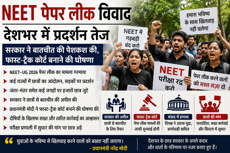 NEET पेपर लीक विवाद: देशभर में तेज हुआ छात्रों का आंदोलन, सरकार ने बातचीत और फास्ट-ट्रैक कोर्ट का दिया भरोसा 