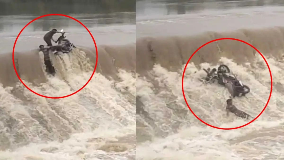तेज बहाव में बाइक समेत बहे दो युवक, स्थानीय लोगों ने बचाई जान