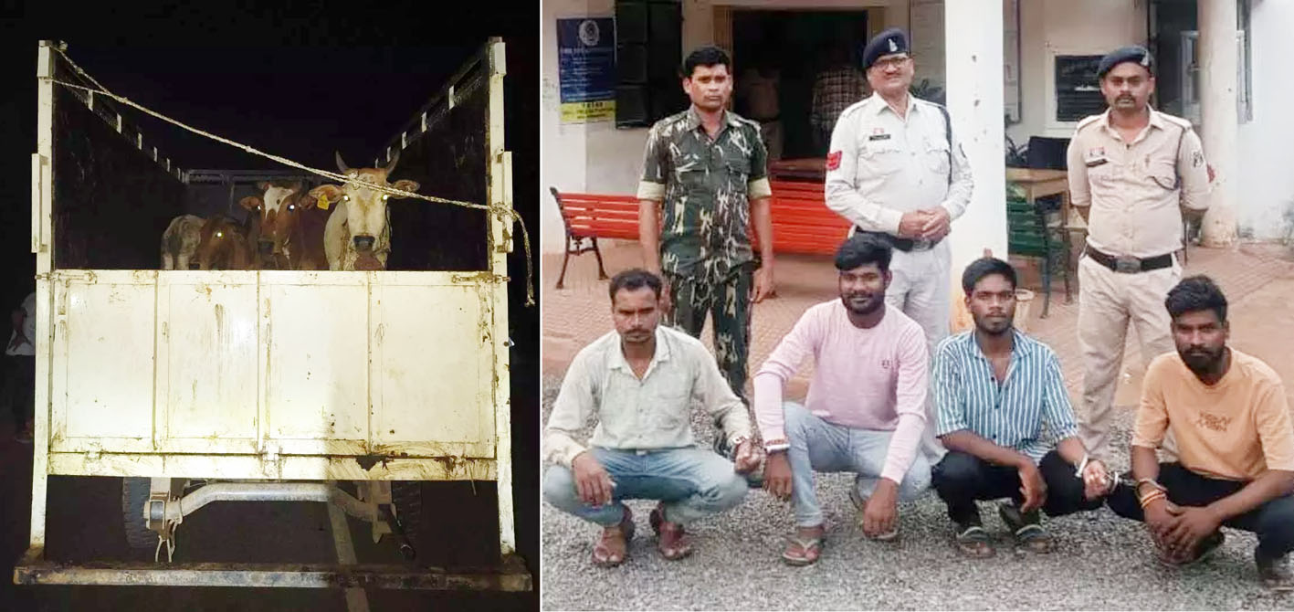 बिना नंबर की पिकअप से 5 मवेशियों का रेस्क्यू, 4 तस्कर गिरफ्तार