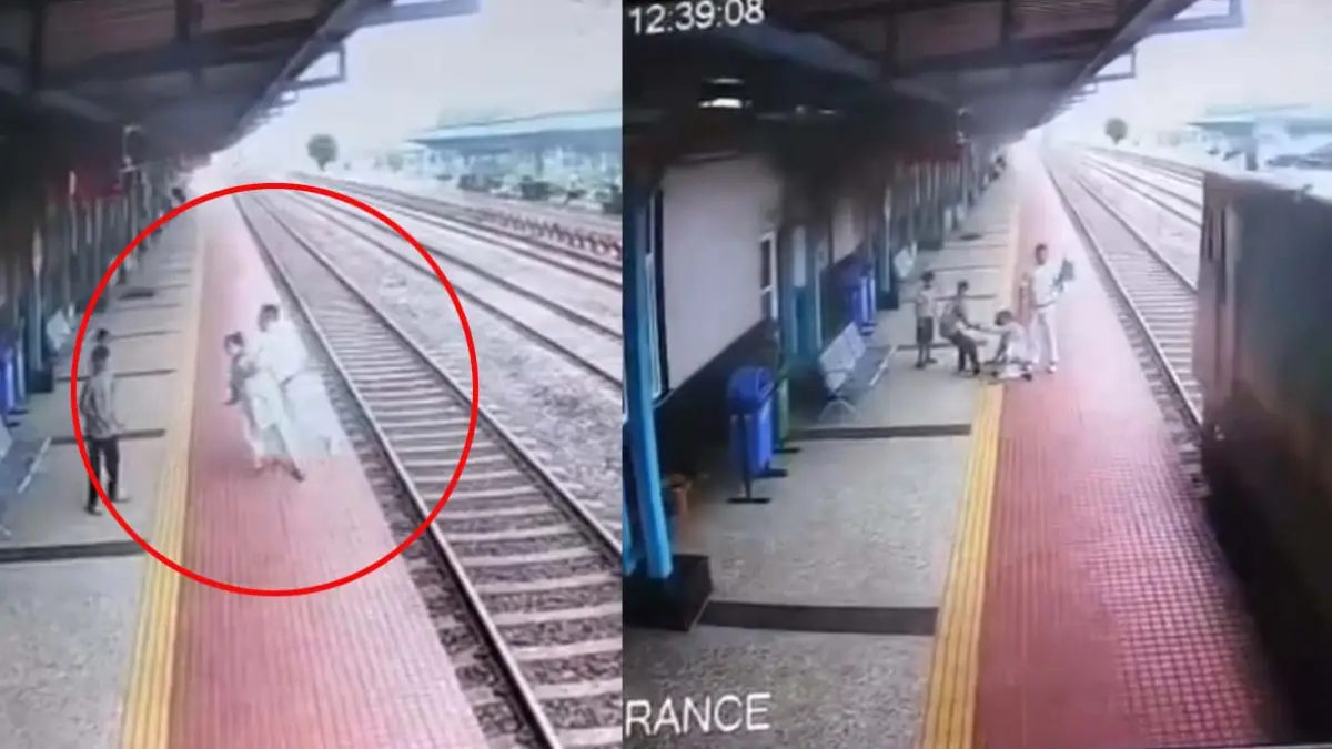 ट्रेन आने में थे चंद सेकेंड, बच्चों की चीख सुन स्टेशन मास्टर ने महिला को बचाया