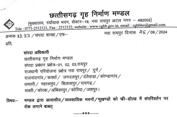 भूखंडों के फ्री होल्‍ड को लेकर छत्‍तीगसढ़ सरकार का बड़ा फैसला