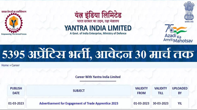 यंत्र इंडिया में 5395 अप्रेंटिस भर्ती के लिए आवेदन 30 मार्च तक